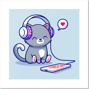 Cute Cat Listening Music With Headphone Cartoon Posters and Art